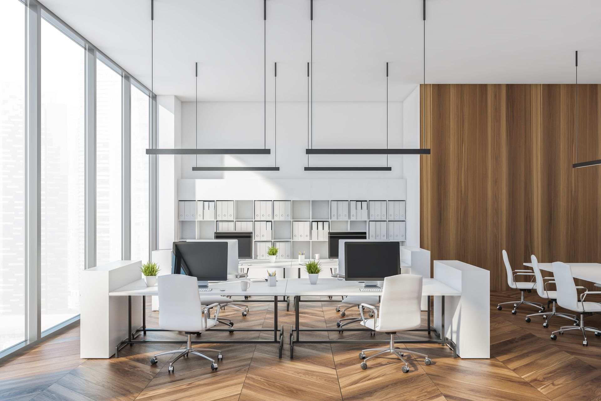 White open space office with meeting room